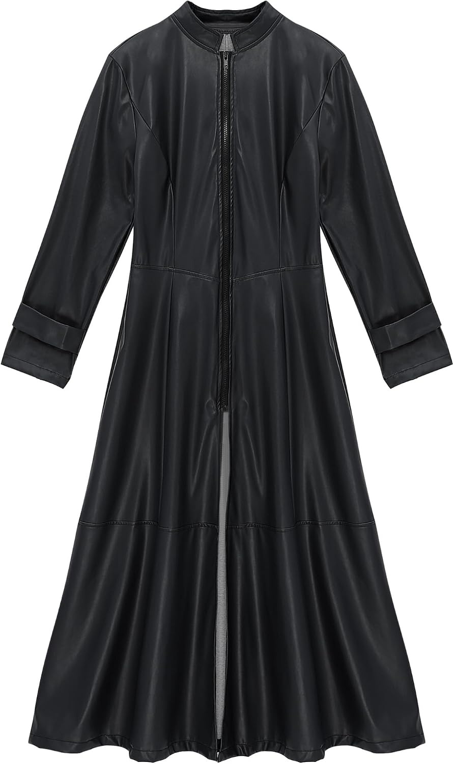 image:imageWomens Faux Leather Jacket Trench Coat Fashion Long Sleeves Full Zipper Ankle Length DressBlack