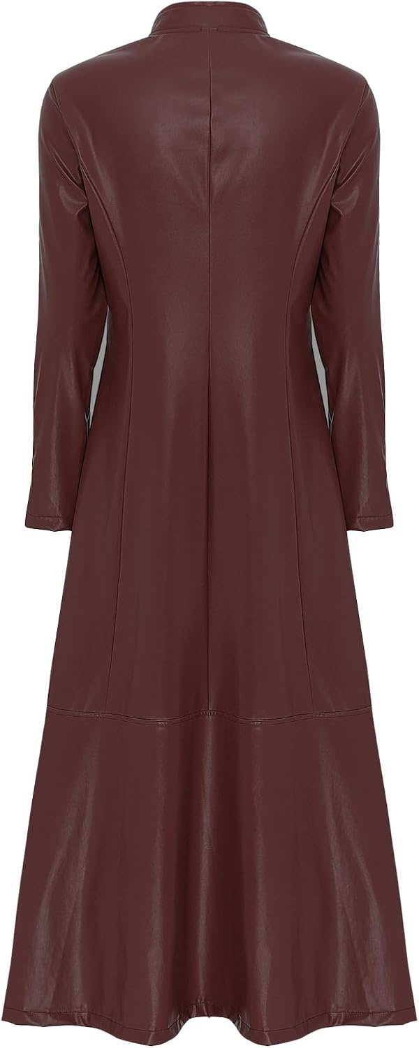 image:imageWomens Faux Leather Jacket Trench Coat Fashion Long Sleeves Full Zipper Ankle Length DressBurgundy