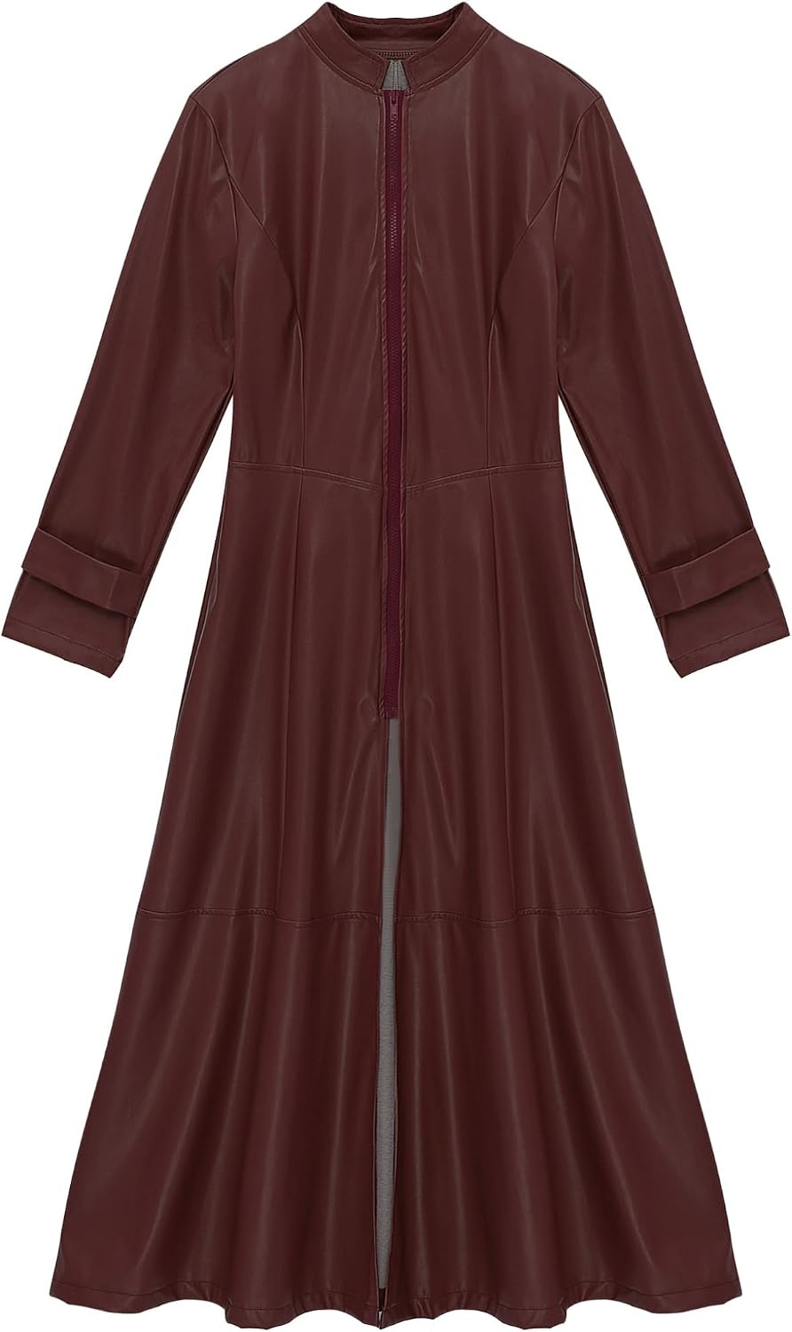 image:imageWomens Faux Leather Jacket Trench Coat Fashion Long Sleeves Full Zipper Ankle Length DressBurgundy