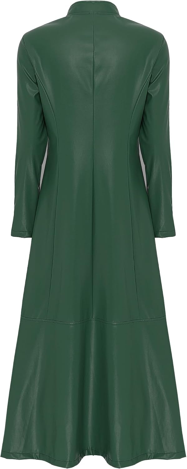 image:imageWomens Faux Leather Jacket Trench Coat Fashion Long Sleeves Full Zipper Ankle Length DressDark Green