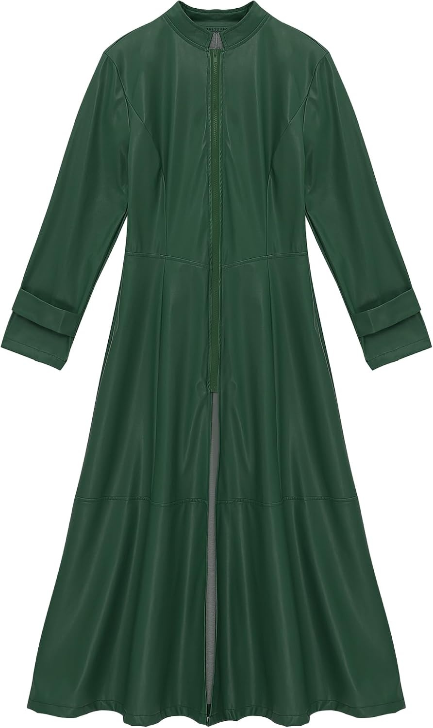 image:imageWomens Faux Leather Jacket Trench Coat Fashion Long Sleeves Full Zipper Ankle Length DressDark Green