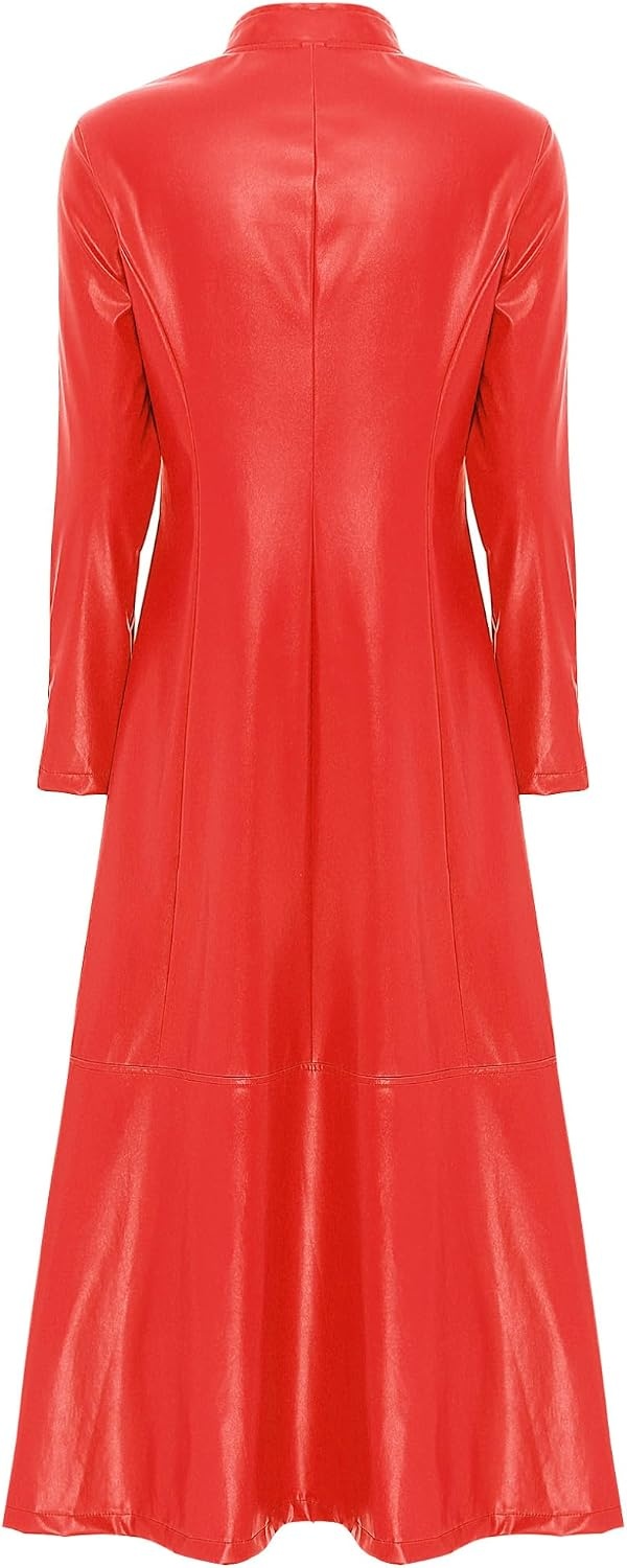 image:imageWomens Faux Leather Jacket Trench Coat Fashion Long Sleeves Full Zipper Ankle Length DressRed