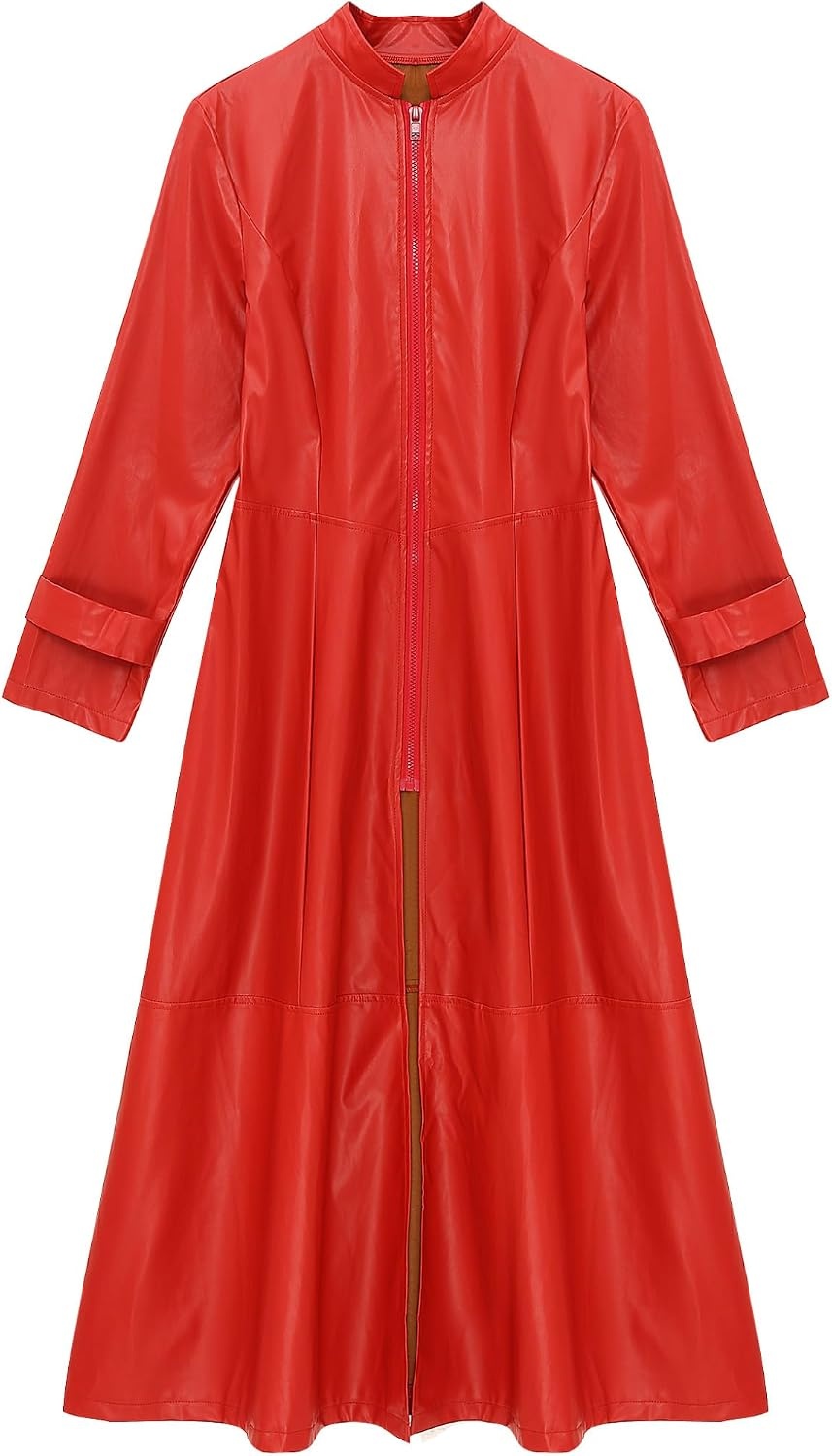 image:imageWomens Faux Leather Jacket Trench Coat Fashion Long Sleeves Full Zipper Ankle Length DressRed