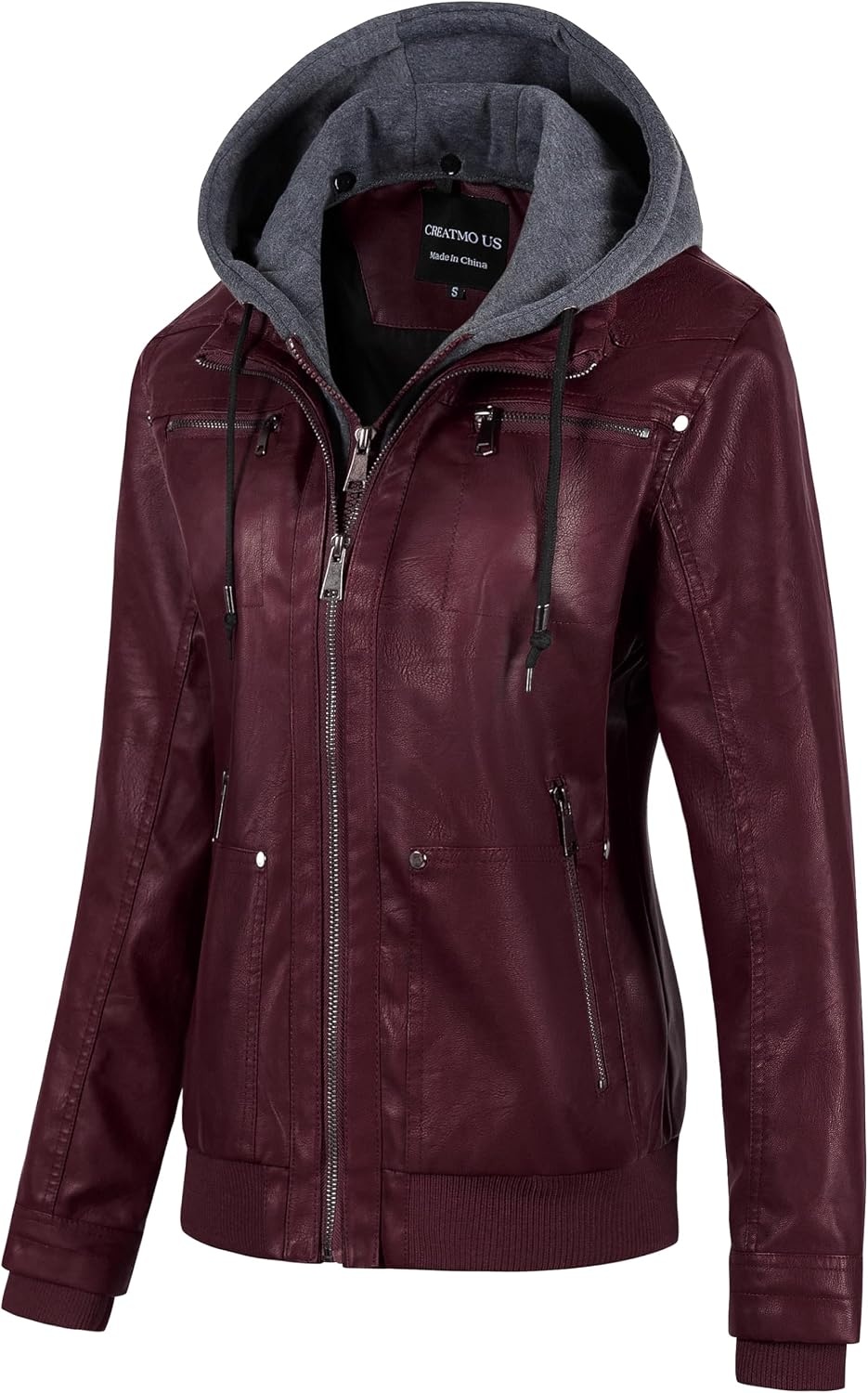 image:imageWomens Faux Leather Jacket Waterproof Motorcycle Bomber Jacket Vintage PU Moto Biker Coat With Removable HoodBurgundy