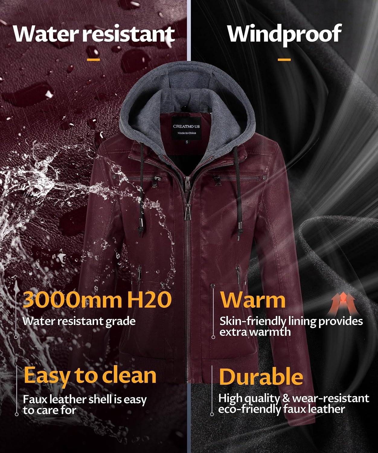 image:imageWomens Faux Leather Jacket Waterproof Motorcycle Bomber Jacket Vintage PU Moto Biker Coat With Removable HoodBurgundy