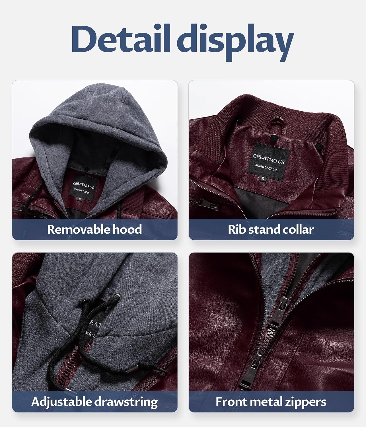 image:imageWomens Faux Leather Jacket Waterproof Motorcycle Bomber Jacket Vintage PU Moto Biker Coat With Removable HoodBurgundy
