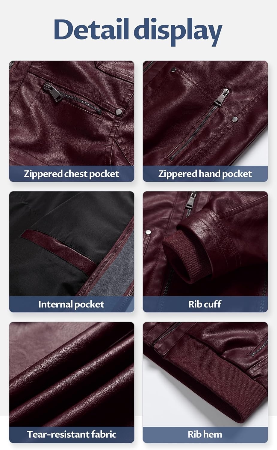 image:imageWomens Faux Leather Jacket Waterproof Motorcycle Bomber Jacket Vintage PU Moto Biker Coat With Removable HoodBurgundy