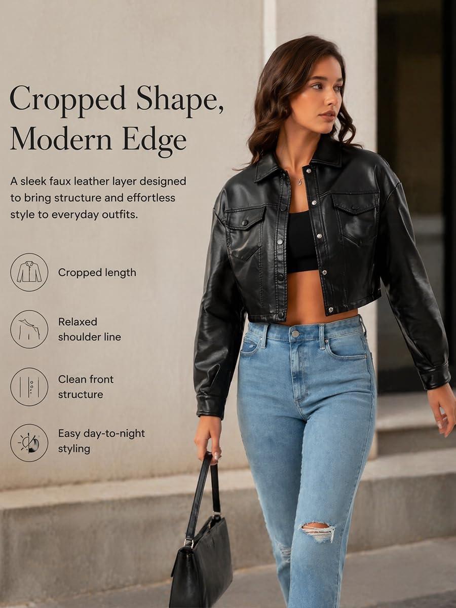 image:imageWomens Faux Leather Moto Biker Jacket Crop Punk Rivet Coat with Belt Short PU Leather OuterwearBlack2