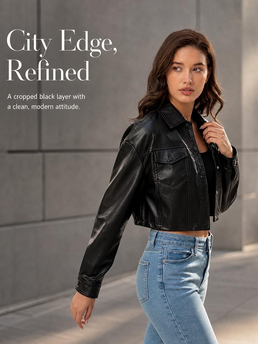 image:imageWomens Faux Leather Moto Biker Jacket Crop Punk Rivet Coat with Belt Short PU Leather OuterwearBlack2