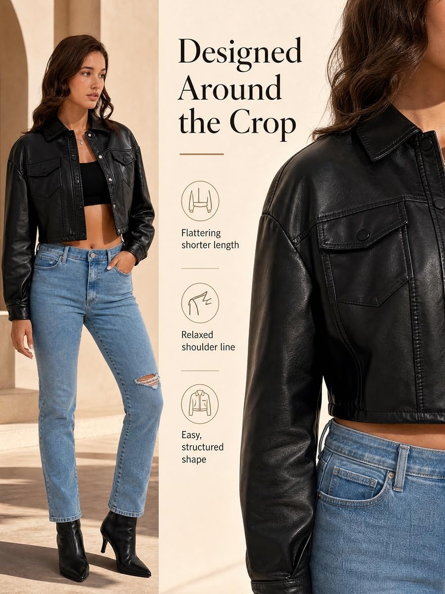 image:imageWomens Faux Leather Moto Biker Jacket Crop Punk Rivet Coat with Belt Short PU Leather OuterwearBlack2