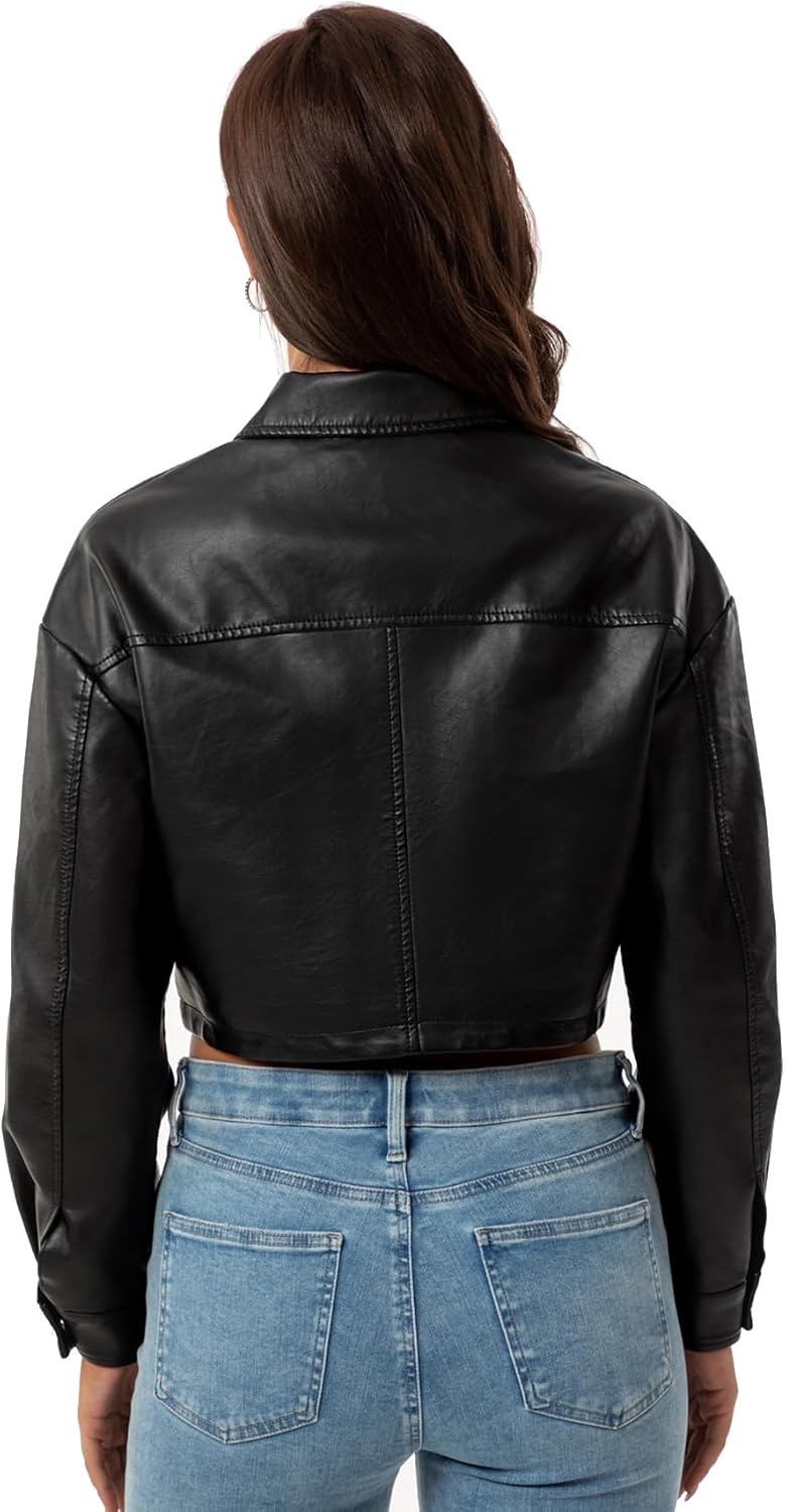 image:imageWomens Faux Leather Moto Biker Jacket Crop Punk Rivet Coat with Belt Short PU Leather OuterwearBlack2