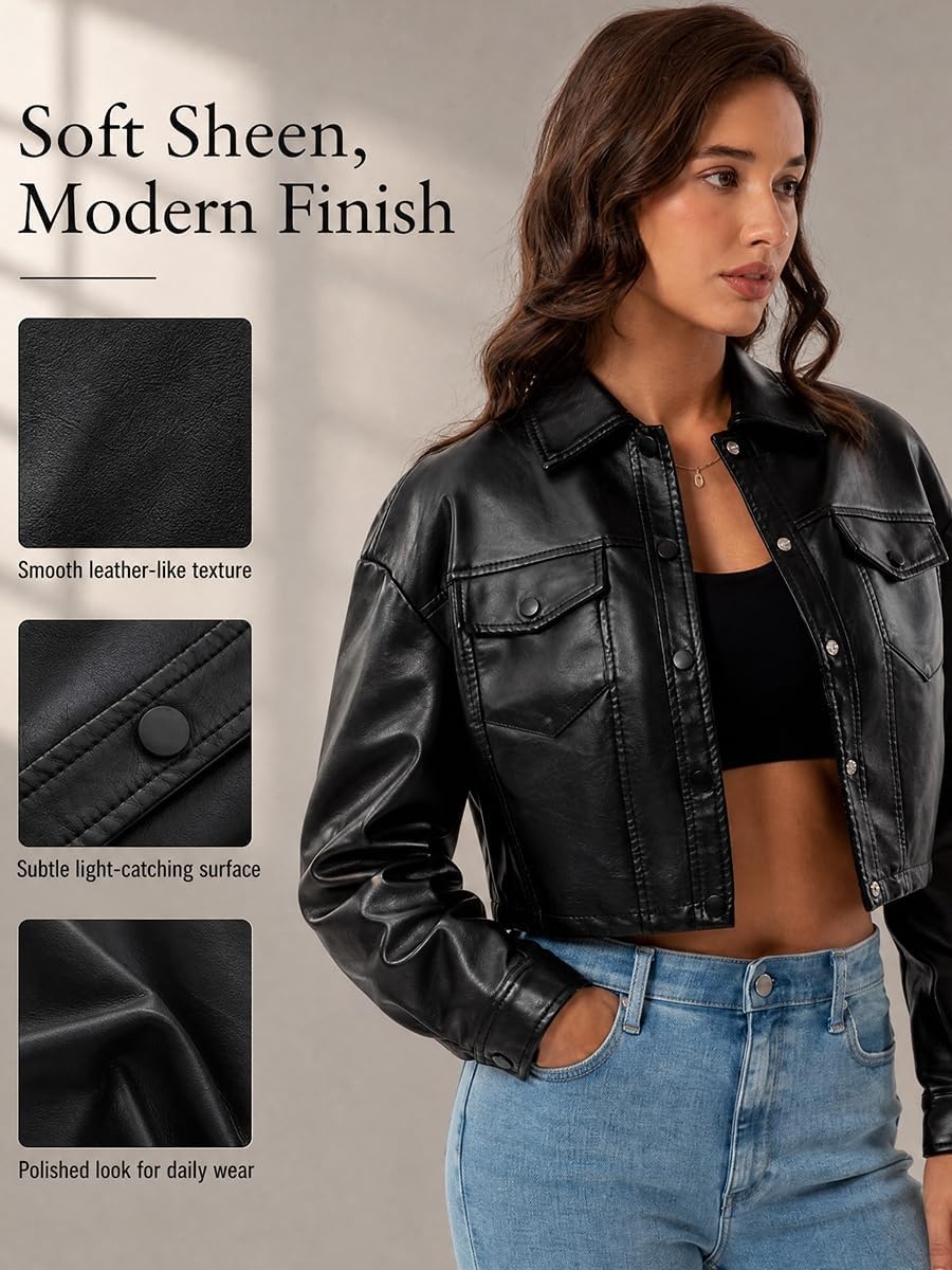 image:imageWomens Faux Leather Moto Biker Jacket Crop Punk Rivet Coat with Belt Short PU Leather OuterwearBlack2
