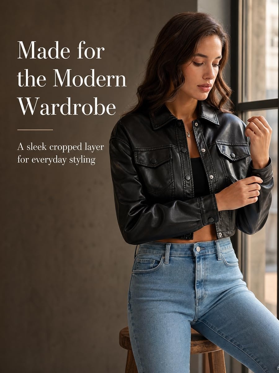 image:imageWomens Faux Leather Moto Biker Jacket Crop Punk Rivet Coat with Belt Short PU Leather OuterwearBlack2