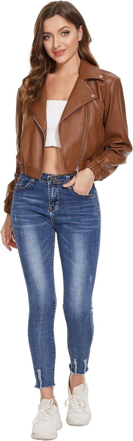 image:imageWomens Faux Leather Moto Jacket Black Brown and Coffee S to XXLBrown