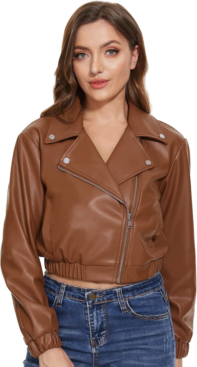 image:imageWomens Faux Leather Moto Jacket Black Brown and Coffee S to XXLBrown