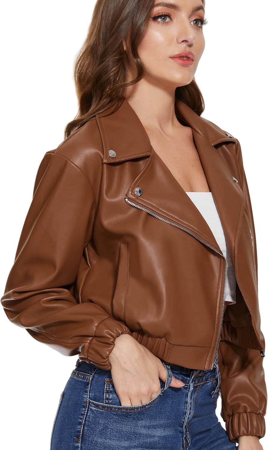 image:imageWomens Faux Leather Moto Jacket Black Brown and Coffee S to XXLBrown