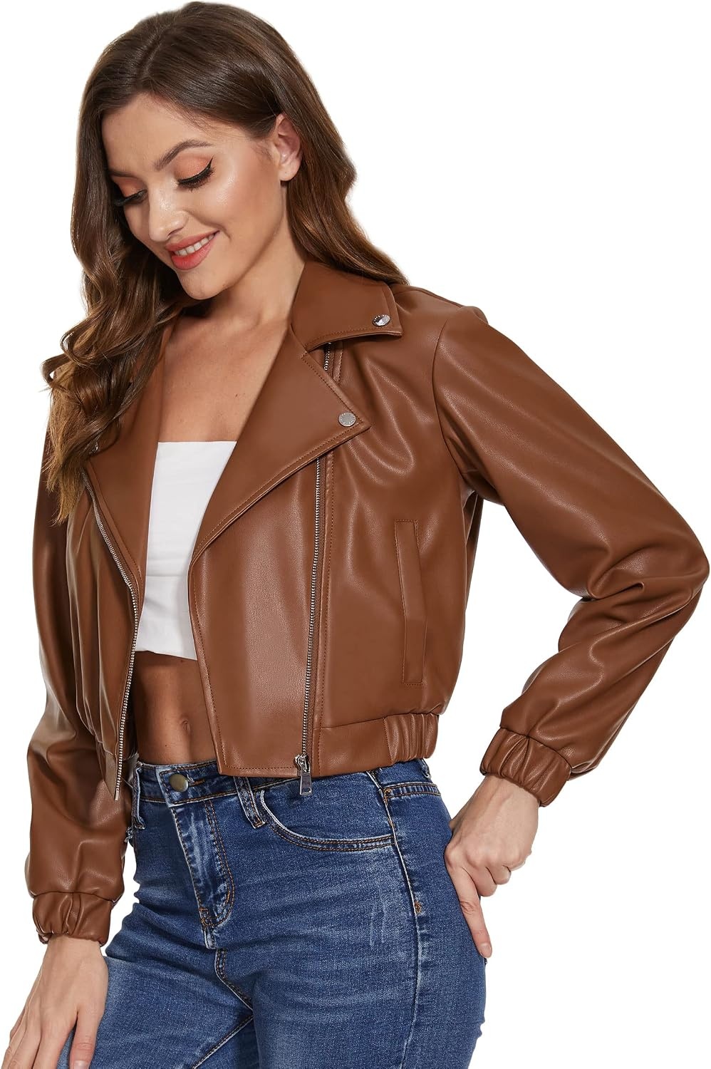 image:imageWomens Faux Leather Moto Jacket Black Brown and Coffee S to XXLBrown