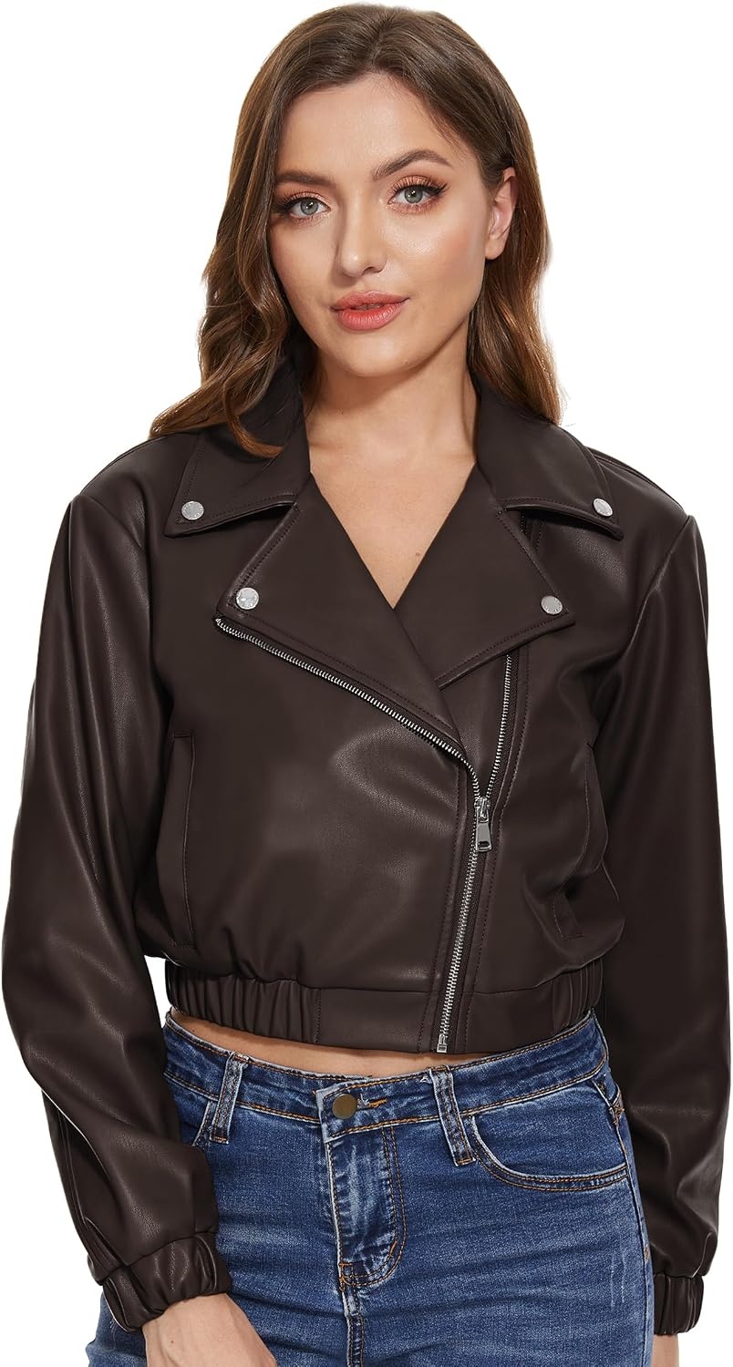 image:imageWomens Faux Leather Moto Jacket Black Brown and Coffee S to XXLCoffee