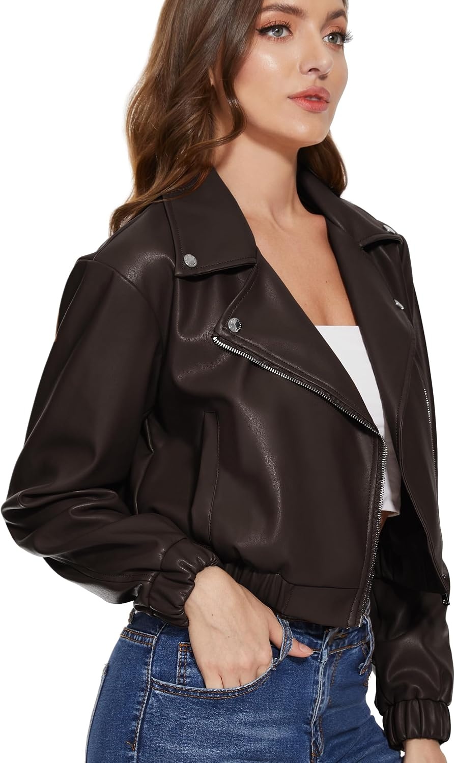 image:imageWomens Faux Leather Moto Jacket Black Brown and Coffee S to XXLCoffee