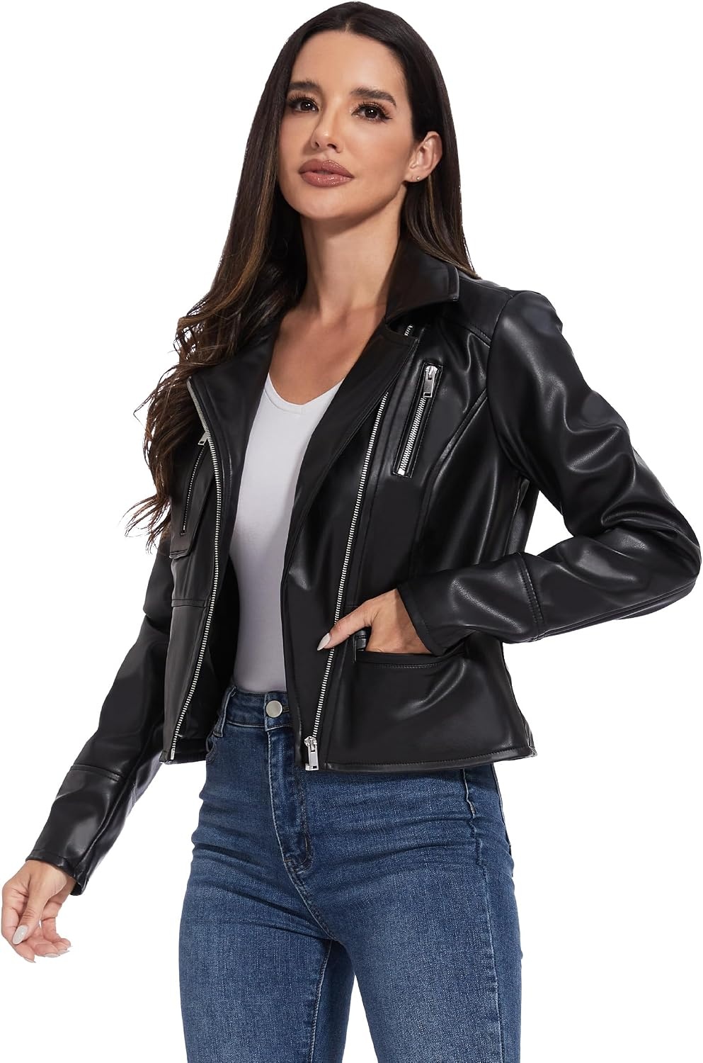 image:imageWomens Faux Leather Moto Jacket Black Brown and Coffee S to XXLJet Black