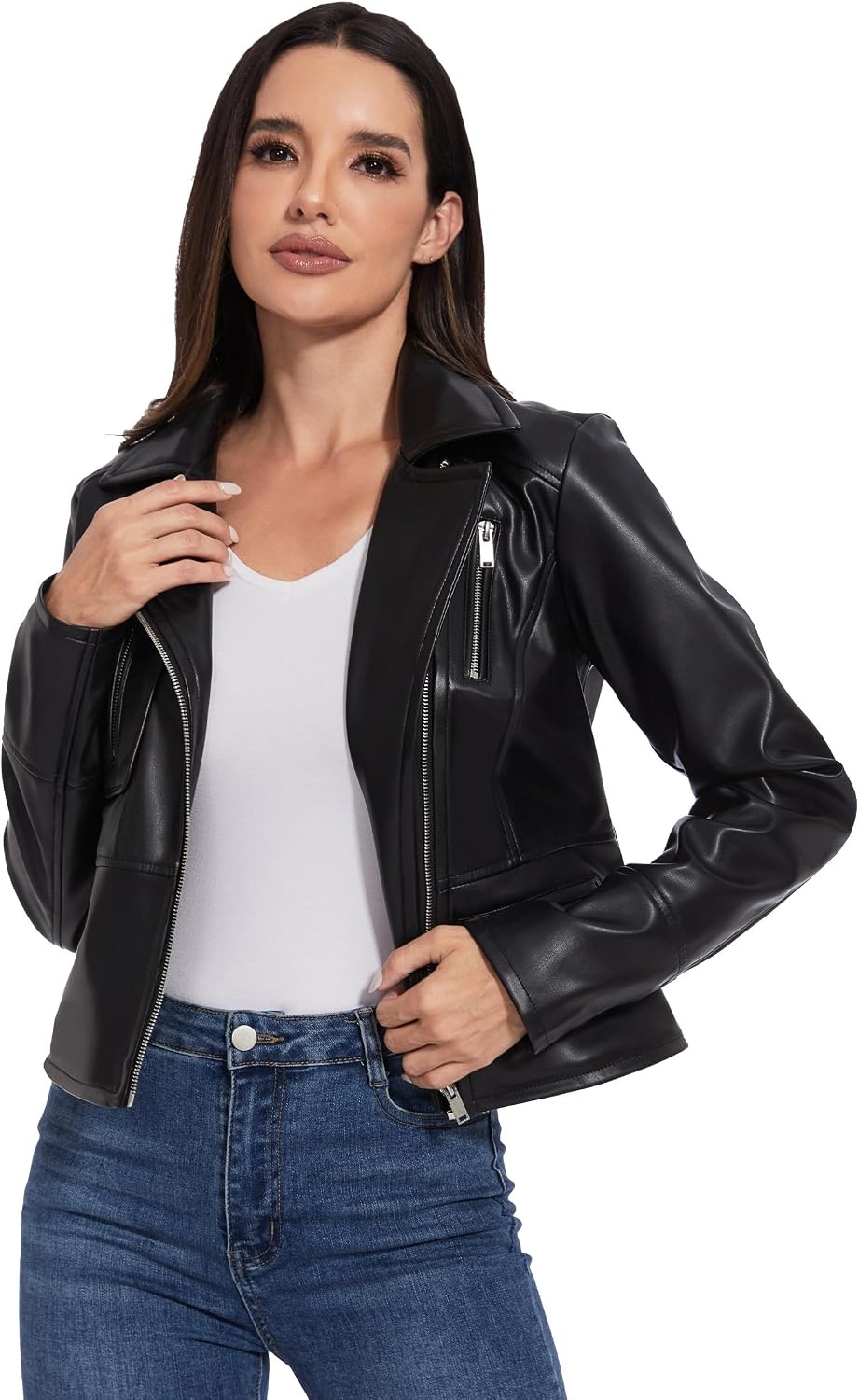 image:imageWomens Faux Leather Moto Jacket Black Brown and Coffee S to XXLJet Black
