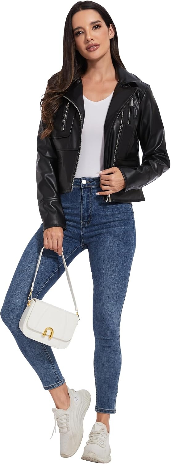 image:imageWomens Faux Leather Moto Jacket Black Brown and Coffee S to XXLJet Black