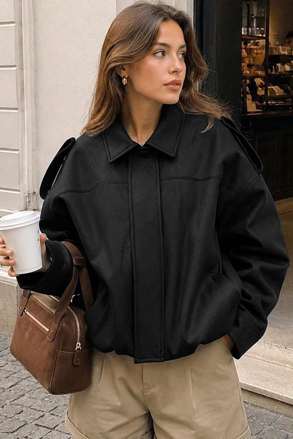 image:imageWomens Faux Suede Bomber Jacket Fall Oversized Long Sleeve CoatsBlack