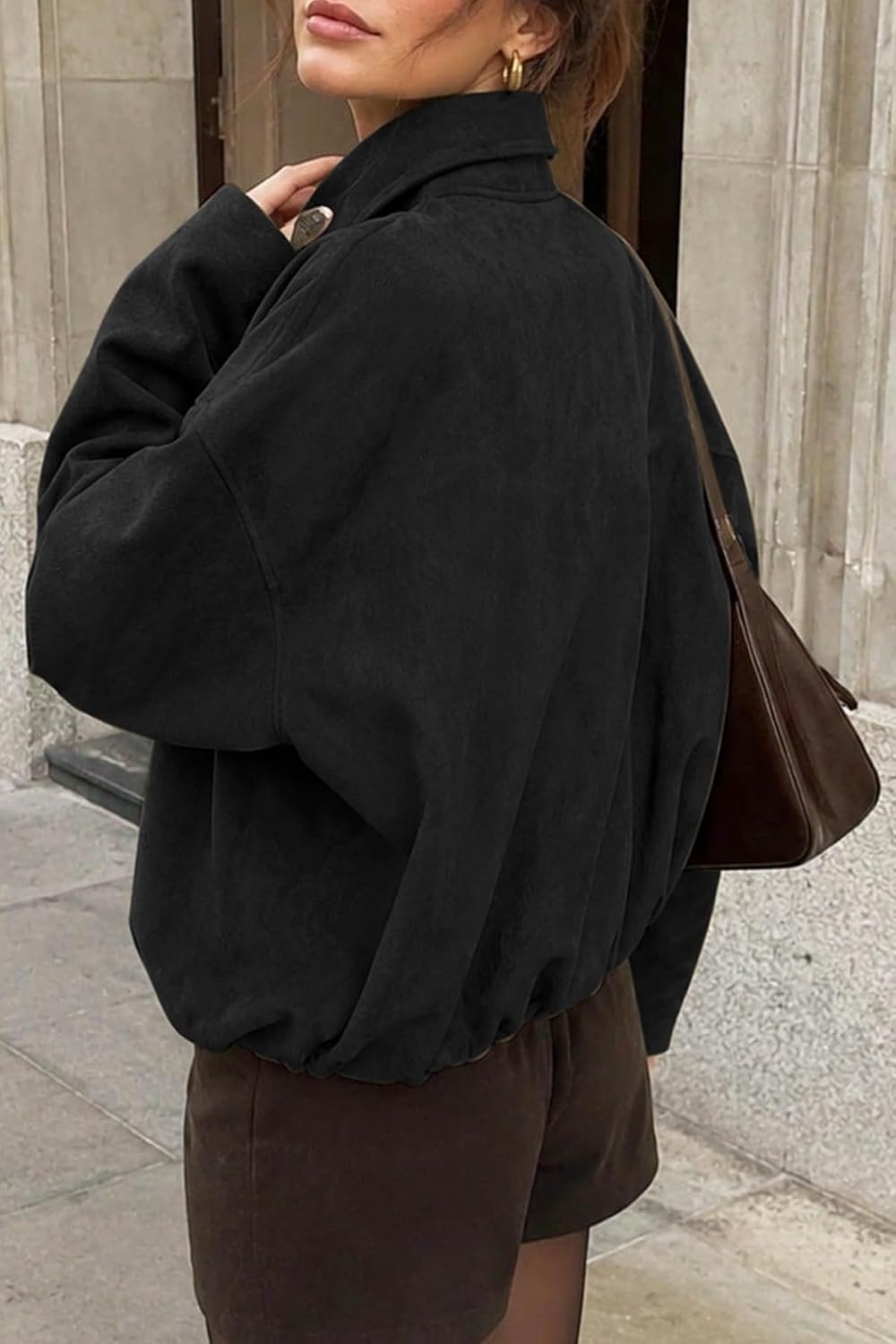 image:imageWomens Faux Suede Bomber Jacket Fall Oversized Long Sleeve CoatsBlack