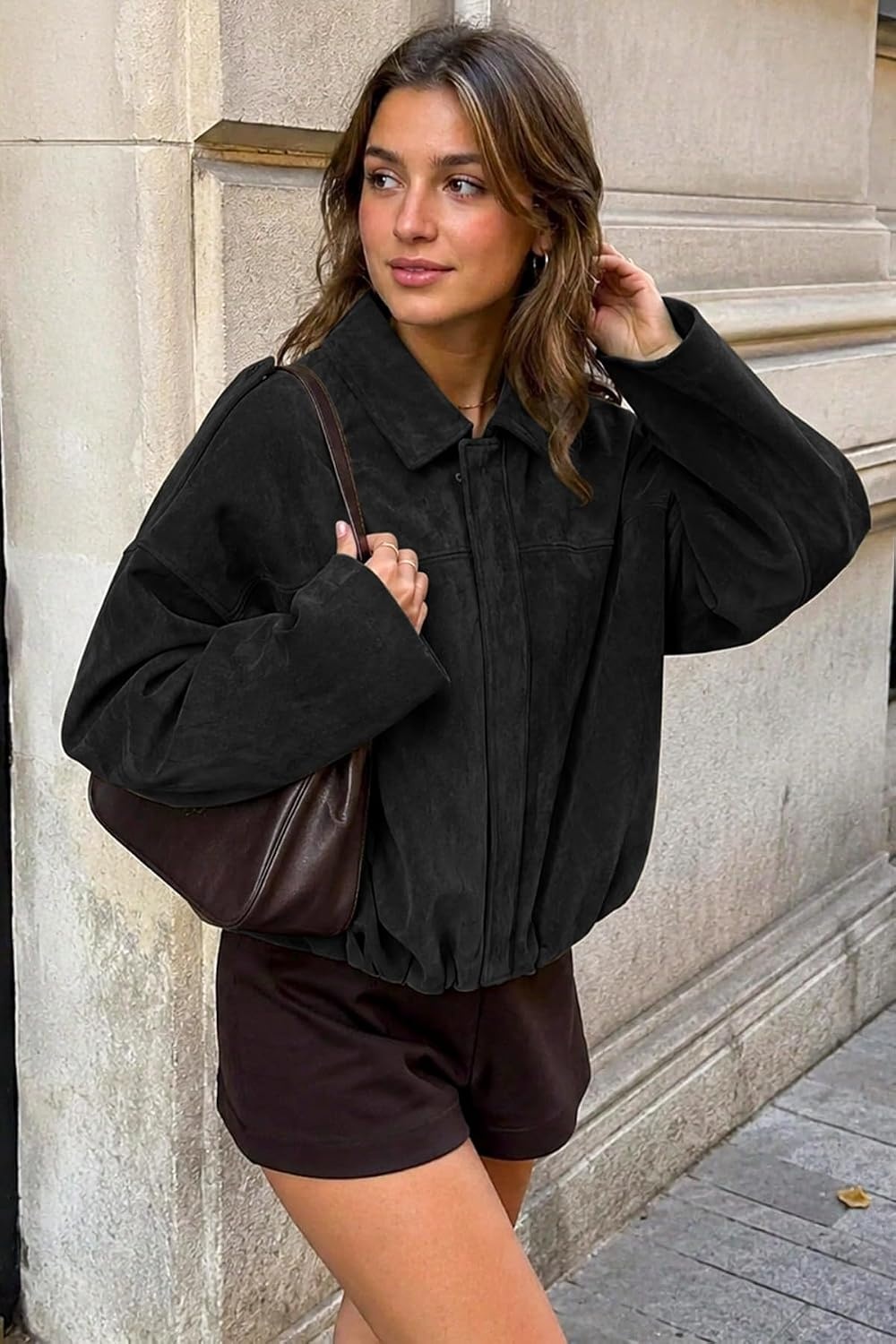 image:imageWomens Faux Suede Bomber Jacket Fall Oversized Long Sleeve CoatsBlack