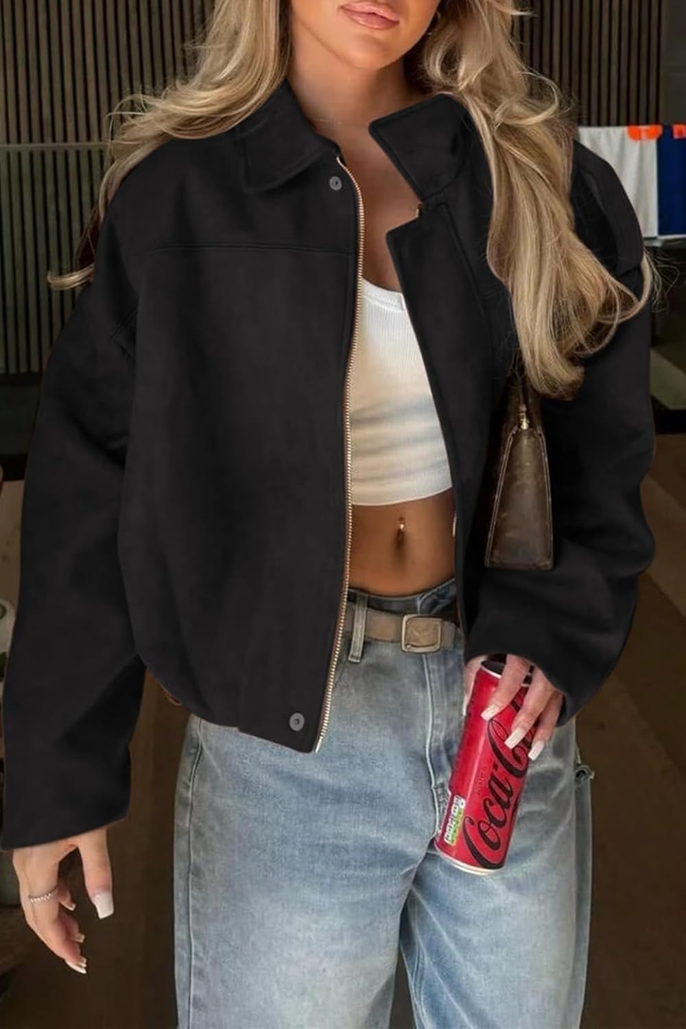 image:imageWomens Faux Suede Bomber Jacket Fall Oversized Long Sleeve CoatsBlack