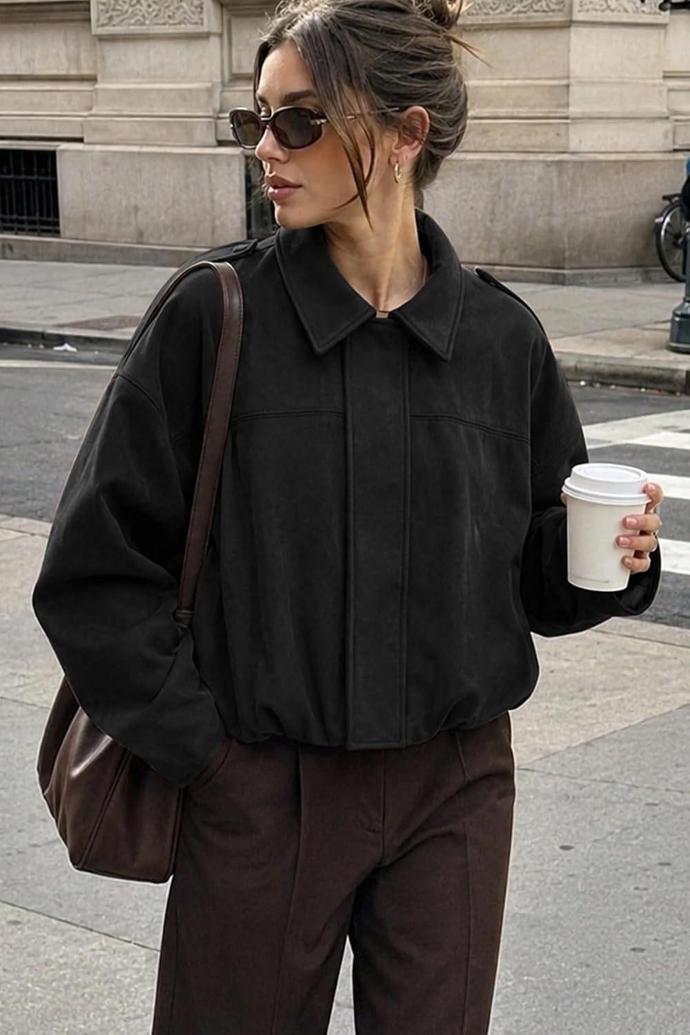 image:imageWomens Faux Suede Bomber Jacket Fall Oversized Long Sleeve CoatsBlack