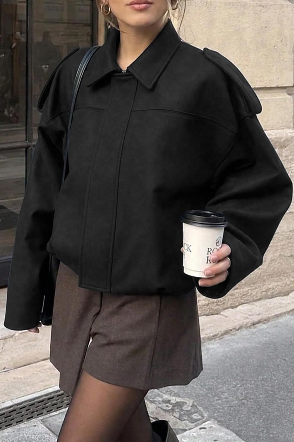 image:imageWomens Faux Suede Bomber Jacket Fall Oversized Long Sleeve CoatsBlack