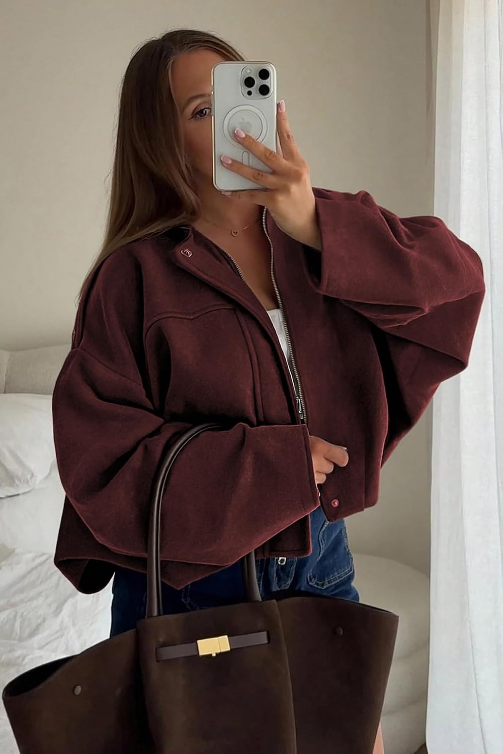 image:imageWomens Faux Suede Bomber Jacket Fall Oversized Long Sleeve CoatsBurgundy