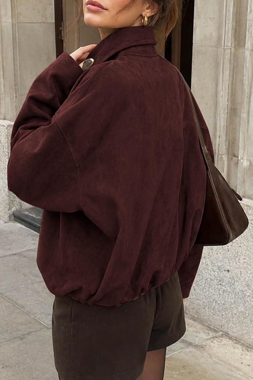 image:imageWomens Faux Suede Bomber Jacket Fall Oversized Long Sleeve CoatsBurgundy