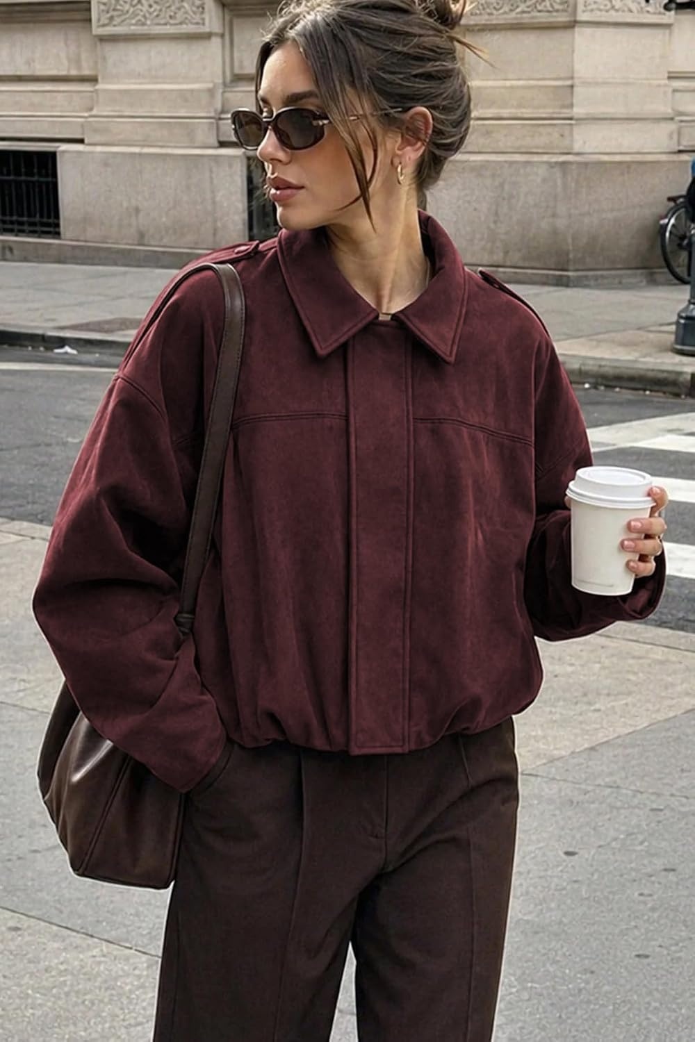 image:imageWomens Faux Suede Bomber Jacket Fall Oversized Long Sleeve CoatsBurgundy