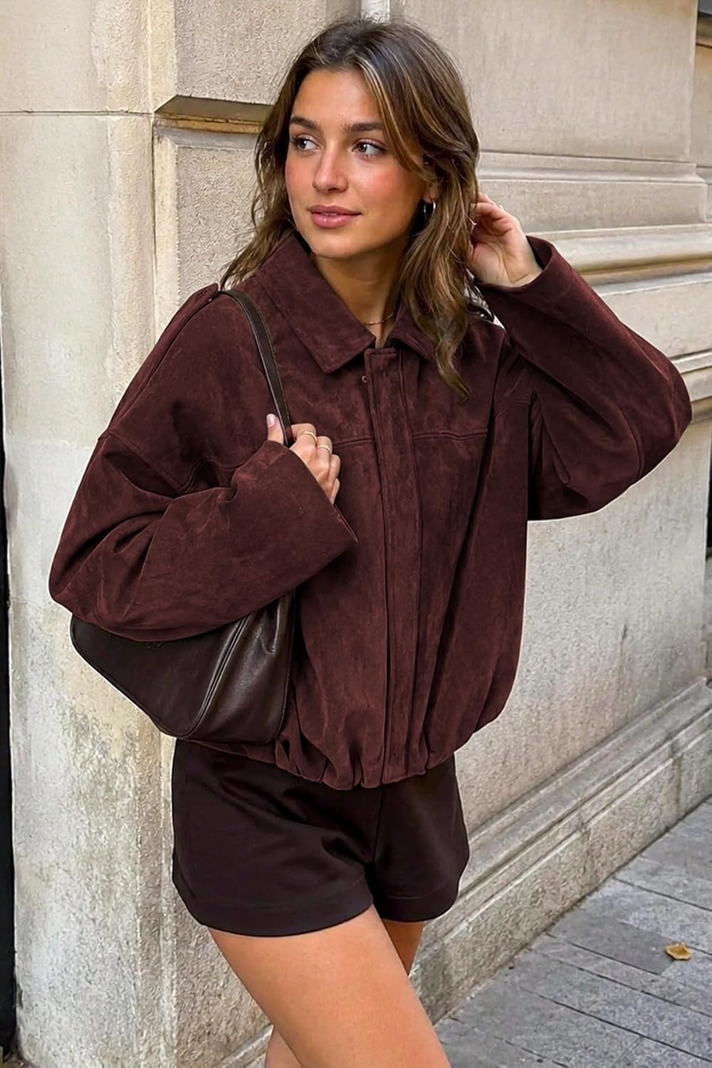 image:imageWomens Faux Suede Bomber Jacket Fall Oversized Long Sleeve CoatsBurgundy