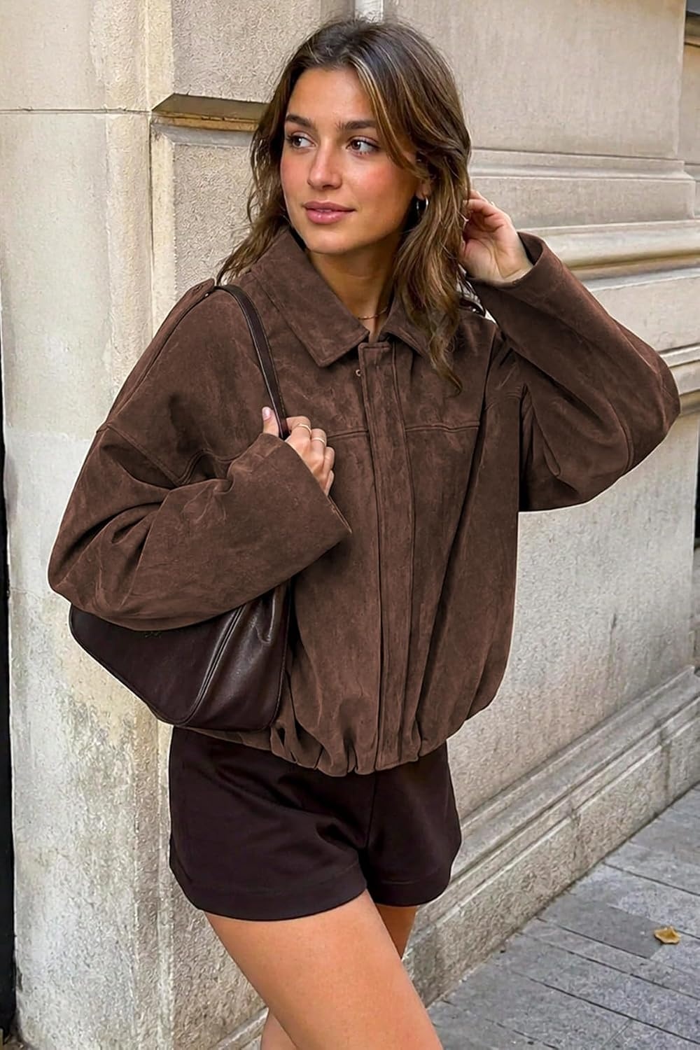 image:imageWomens Faux Suede Bomber Jacket Fall Oversized Long Sleeve CoatsCoffee