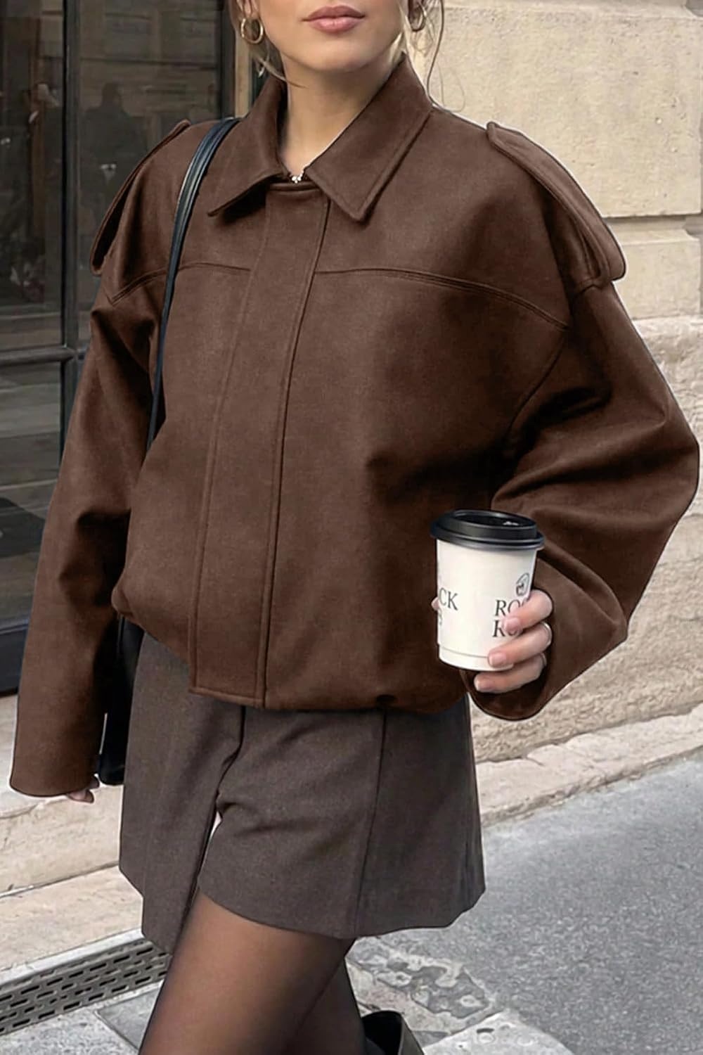 image:imageWomens Faux Suede Bomber Jacket Fall Oversized Long Sleeve CoatsCoffee