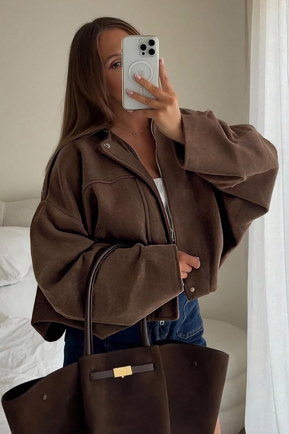 image:imageWomens Faux Suede Bomber Jacket Fall Oversized Long Sleeve CoatsCoffee