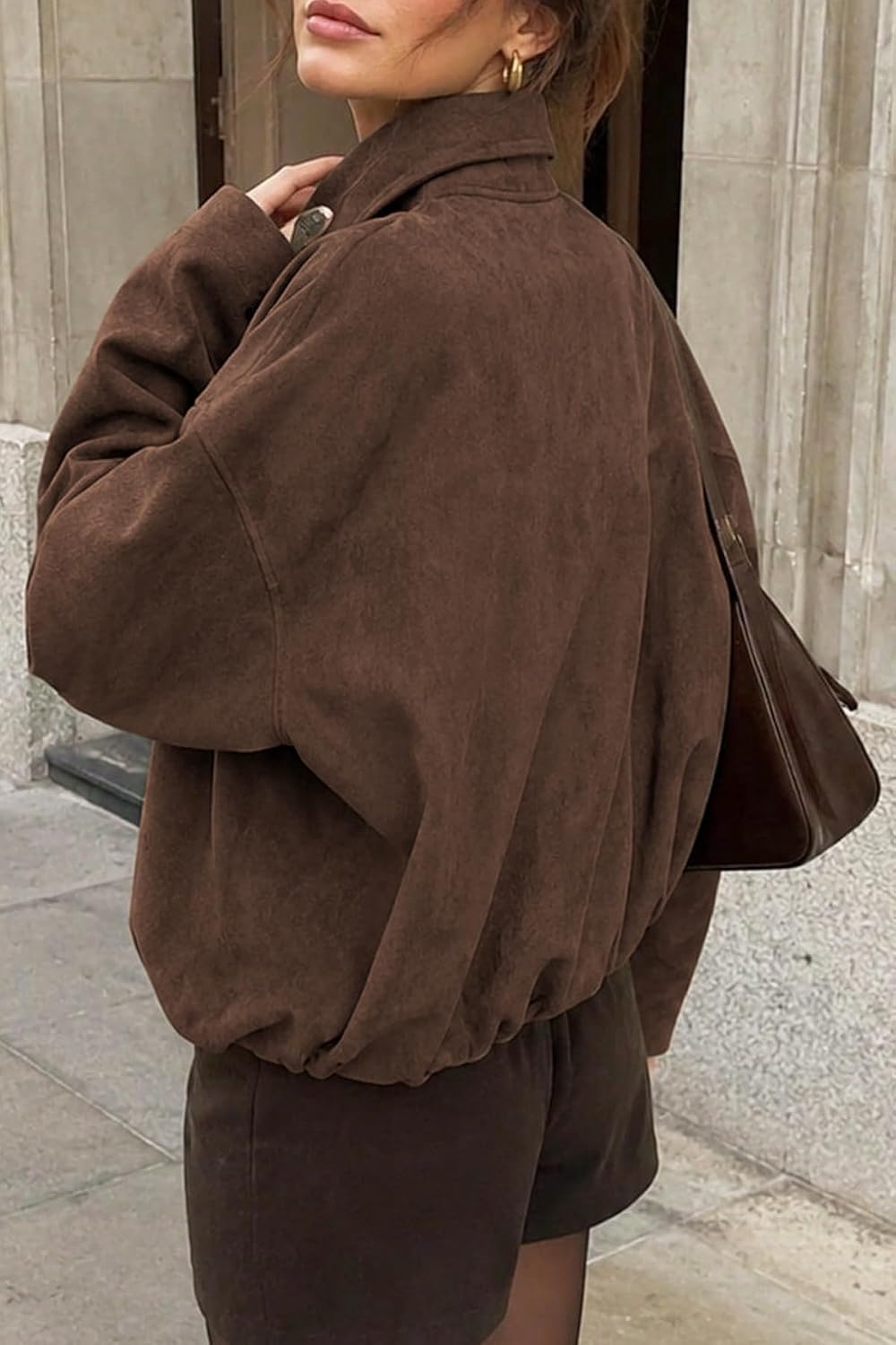 image:imageWomens Faux Suede Bomber Jacket Fall Oversized Long Sleeve CoatsCoffee