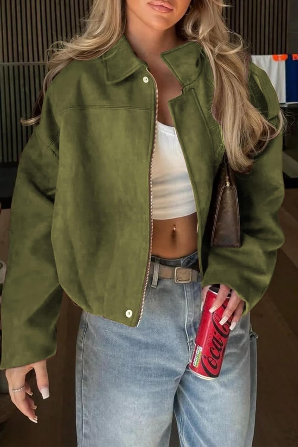 image:imageWomens Faux Suede Bomber Jacket Fall Oversized Long Sleeve CoatsGreen