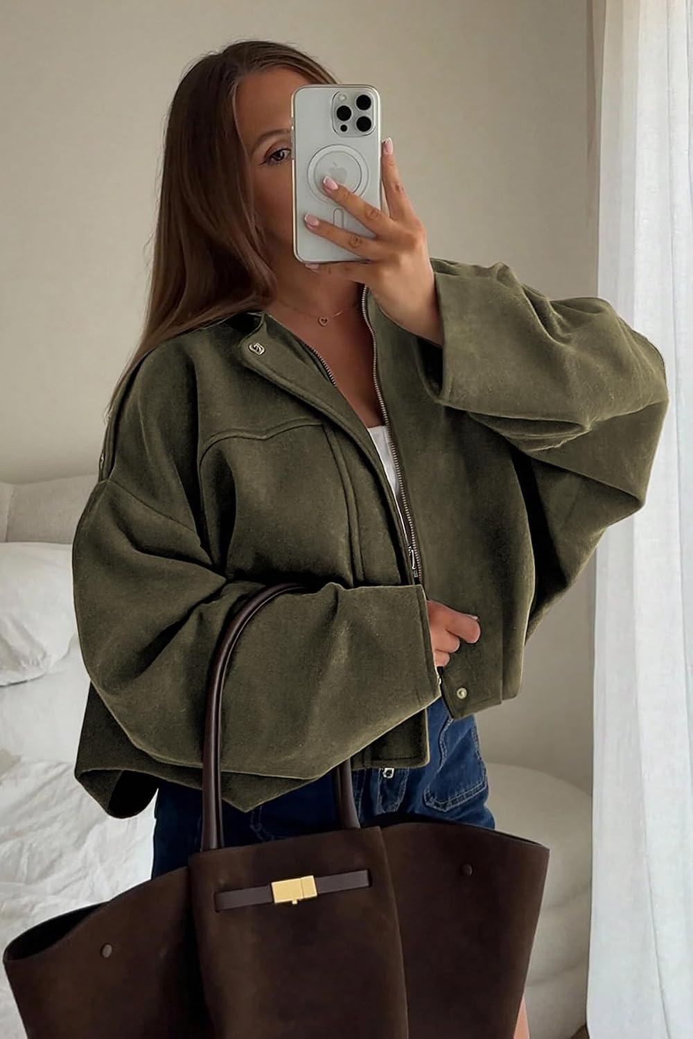 image:imageWomens Faux Suede Bomber Jacket Fall Oversized Long Sleeve CoatsGreen