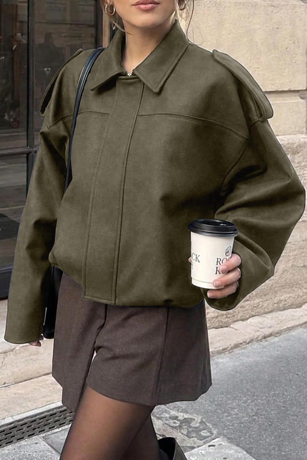image:imageWomens Faux Suede Bomber Jacket Fall Oversized Long Sleeve CoatsGreen