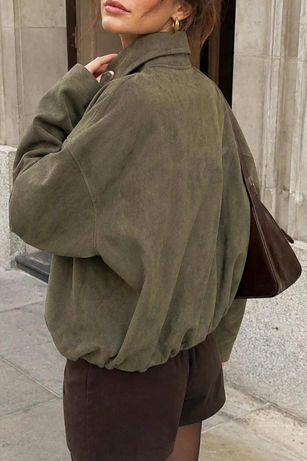 image:imageWomens Faux Suede Bomber Jacket Fall Oversized Long Sleeve CoatsGreen