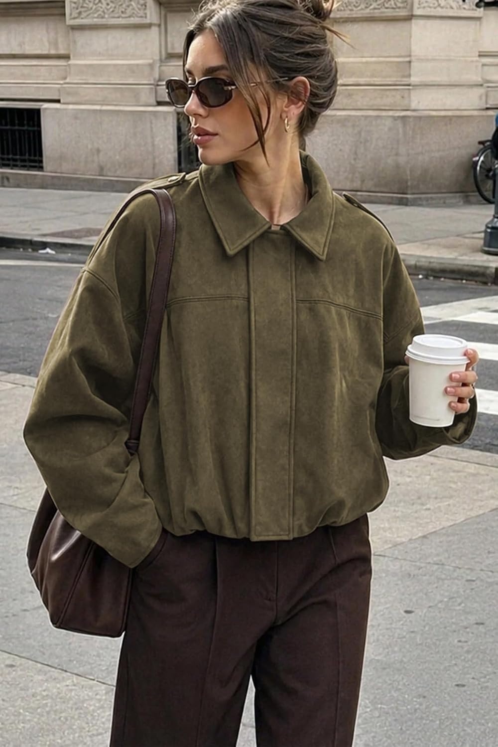image:imageWomens Faux Suede Bomber Jacket Fall Oversized Long Sleeve CoatsGreen