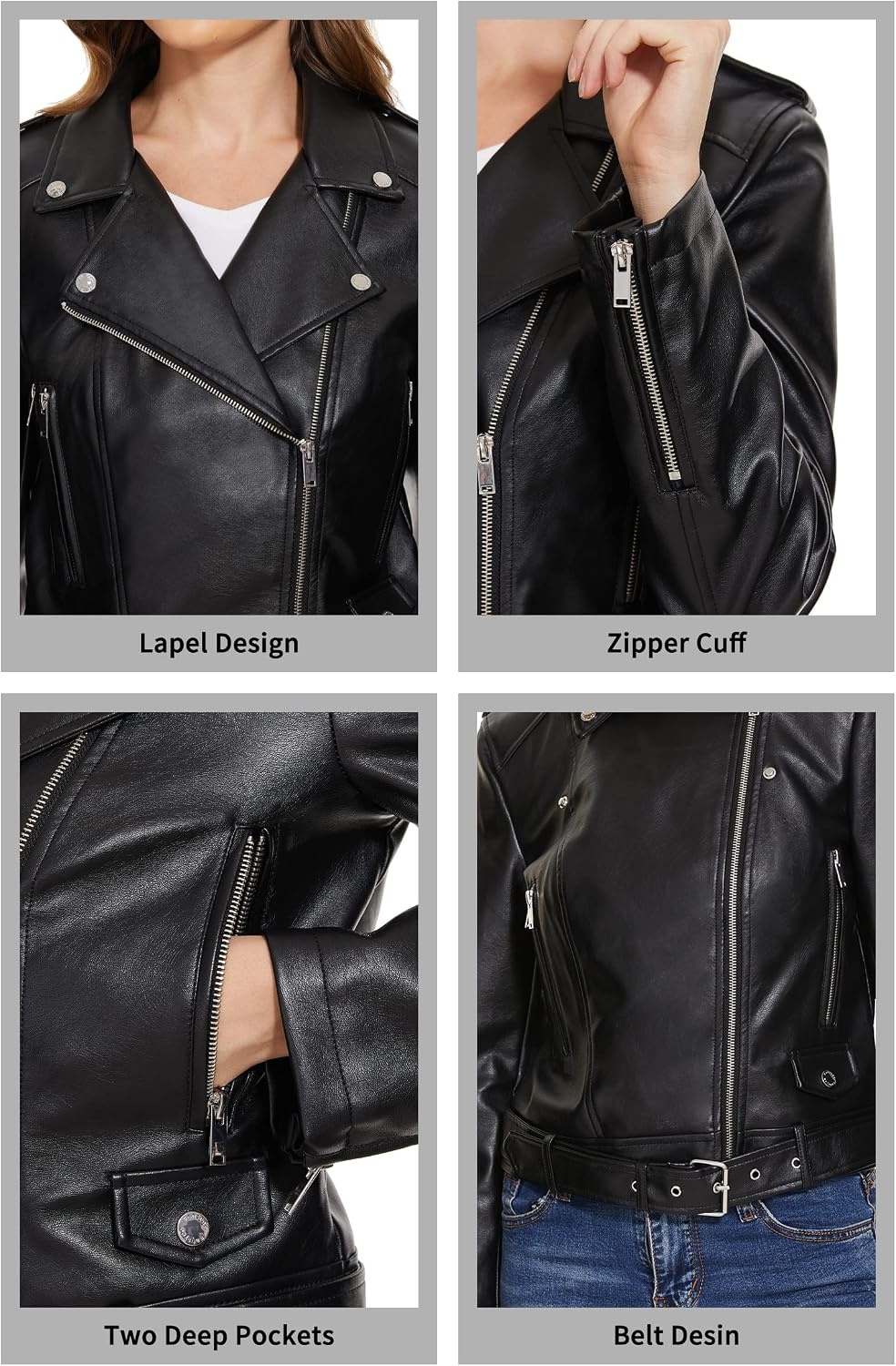 image:imageWomens Lapel Faux Leather Moto Jacket Multiple Colors SXXLBlack3z