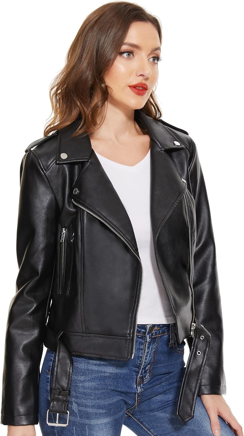 image:imageWomens Lapel Faux Leather Moto Jacket Multiple Colors SXXLBlack3z