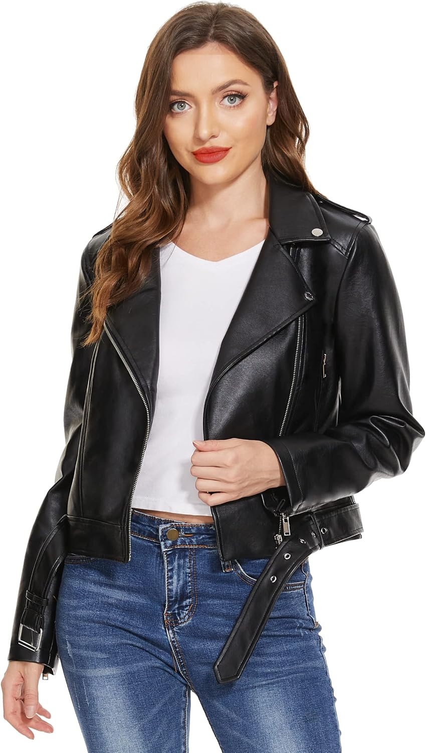 image:imageWomens Lapel Faux Leather Moto Jacket Multiple Colors SXXLBlack3z