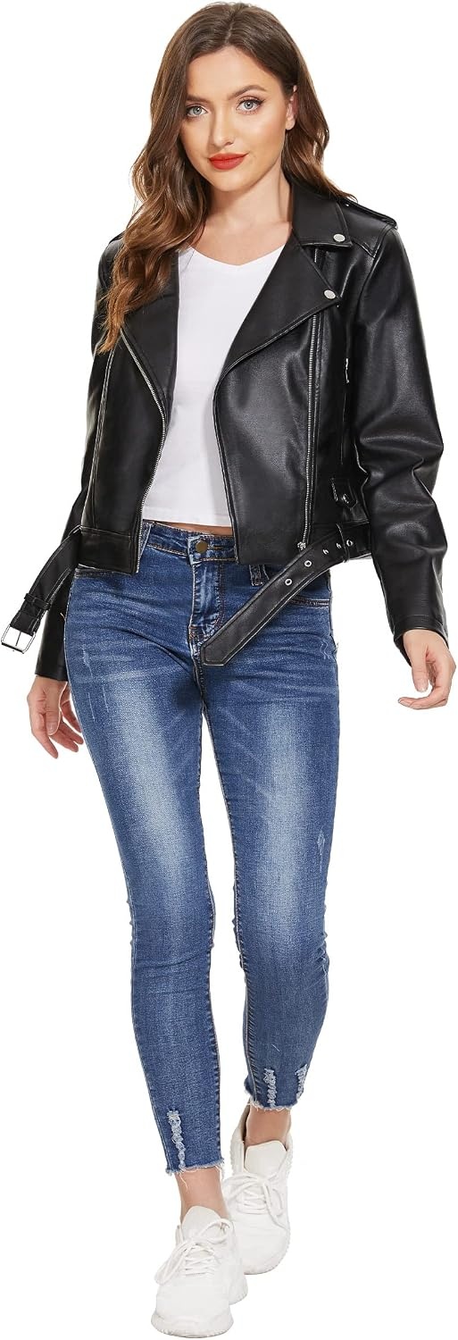 image:imageWomens Lapel Faux Leather Moto Jacket Multiple Colors SXXLBlack3z