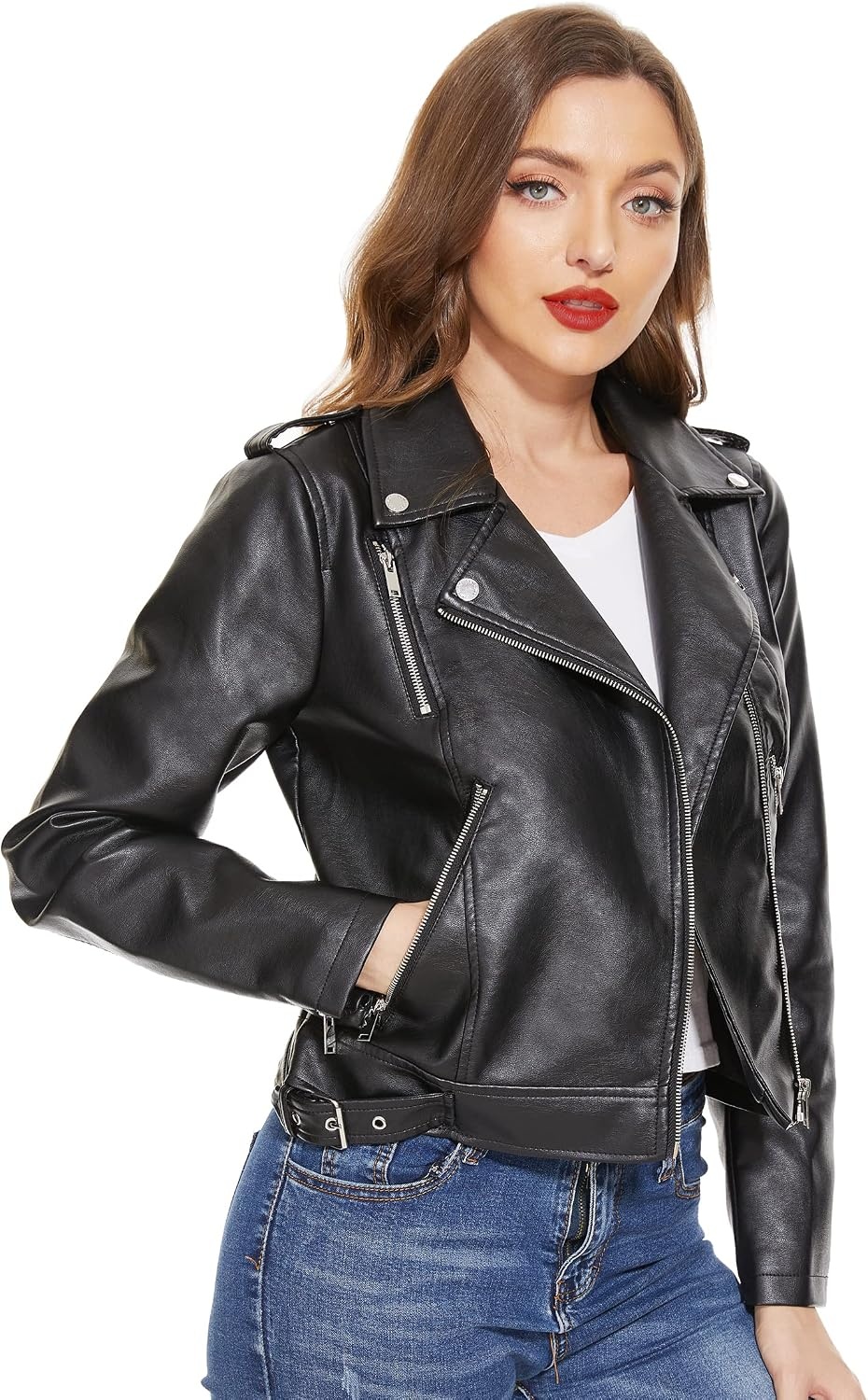 image:imageWomens Lapel Faux Leather Moto Jacket Multiple Colors SXXLBlacks